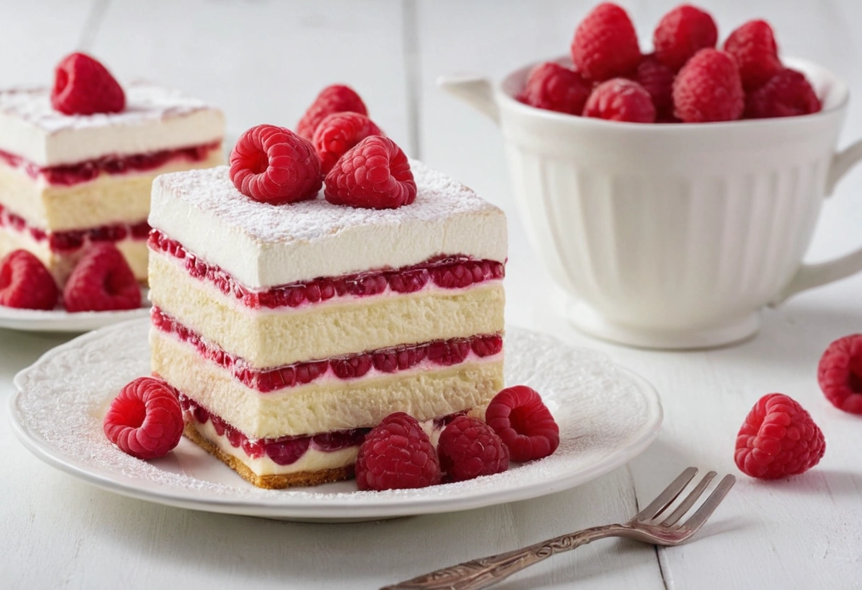 Raspberry tiramisu dessert in a glass dish with fresh raspberries on top