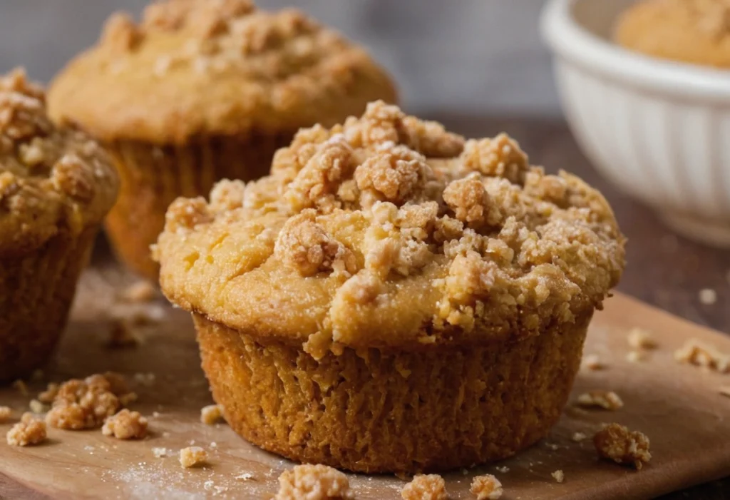 A batch of pumpkin streusel muffins with a golden, crumbly topping