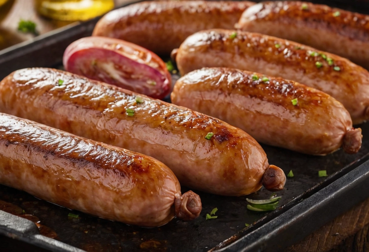 Baked bratwurst sausages with crispy skin on a plate