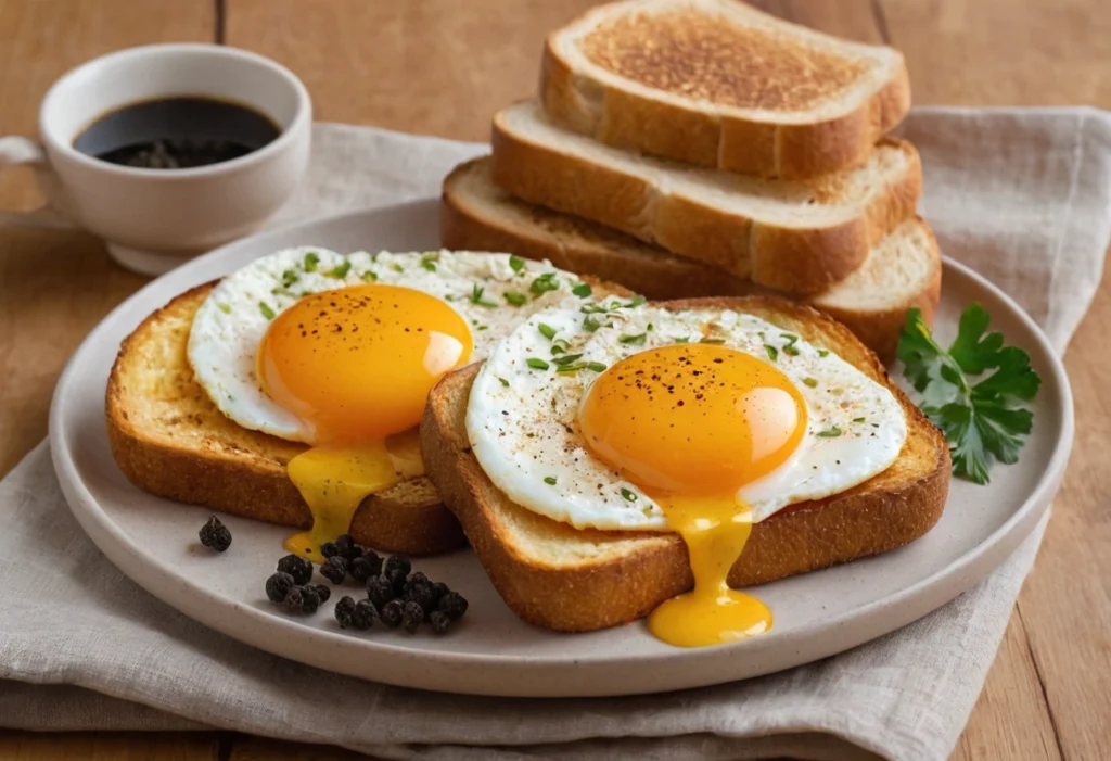 Eggs over medium on toast.