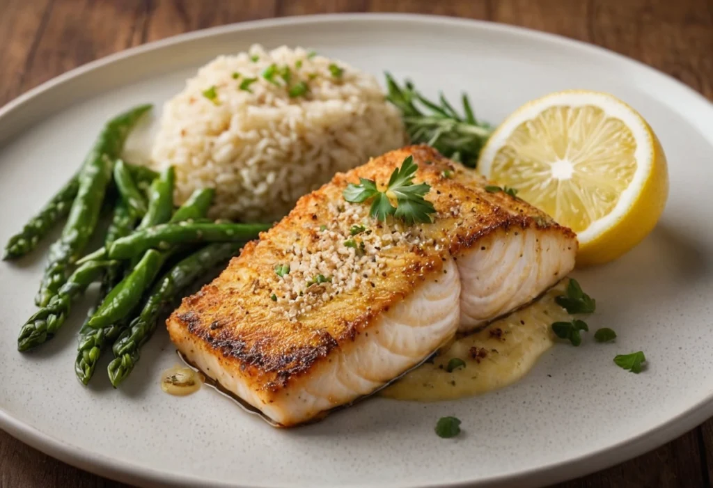 Grilled mahi mahi fillet served with fresh herbs and lemon slices