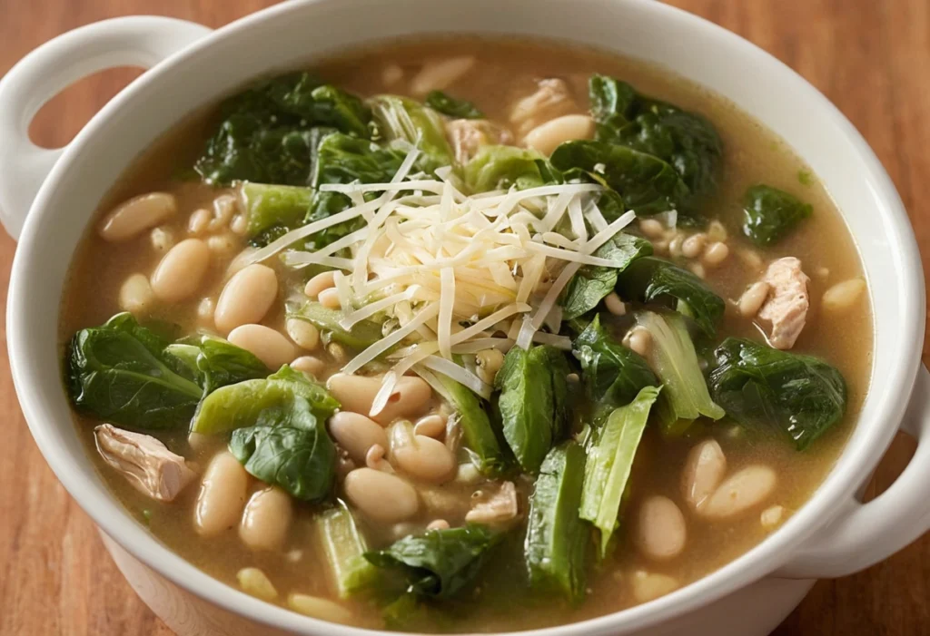 A bowl of escarole and bean soup with crusty bread on the side