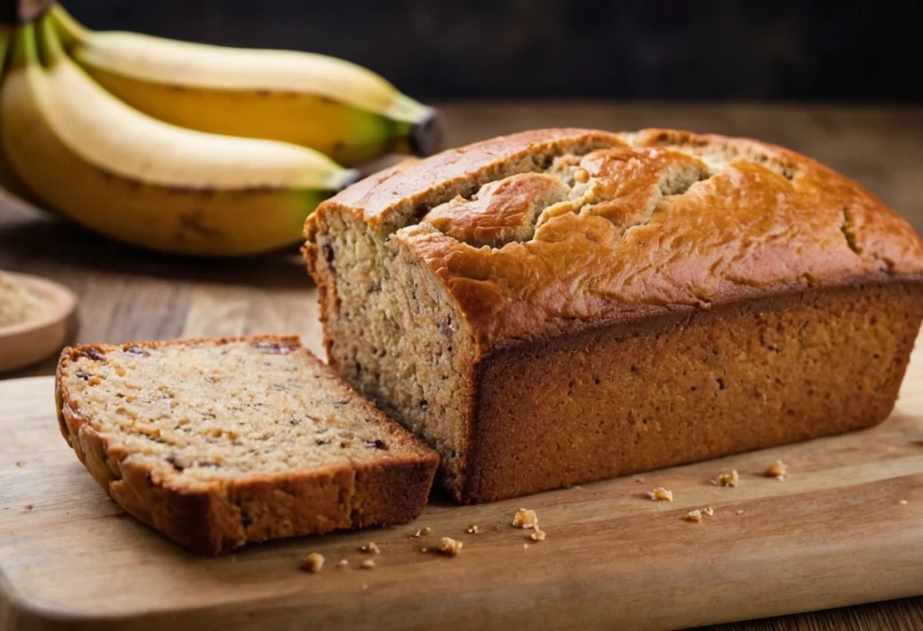 Freshly baked banana bread loaf sliced on a cutting board