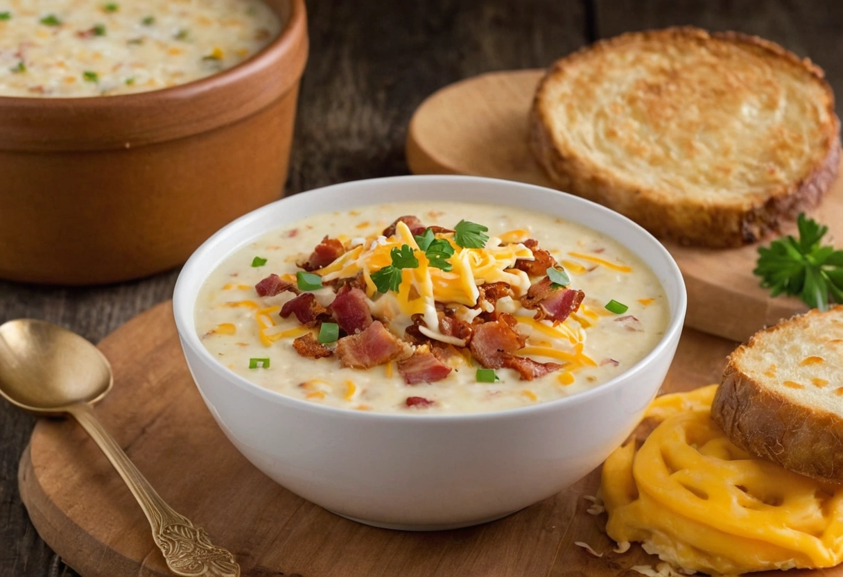 A bowl of hash brown potato soup topped with cheese and bacon