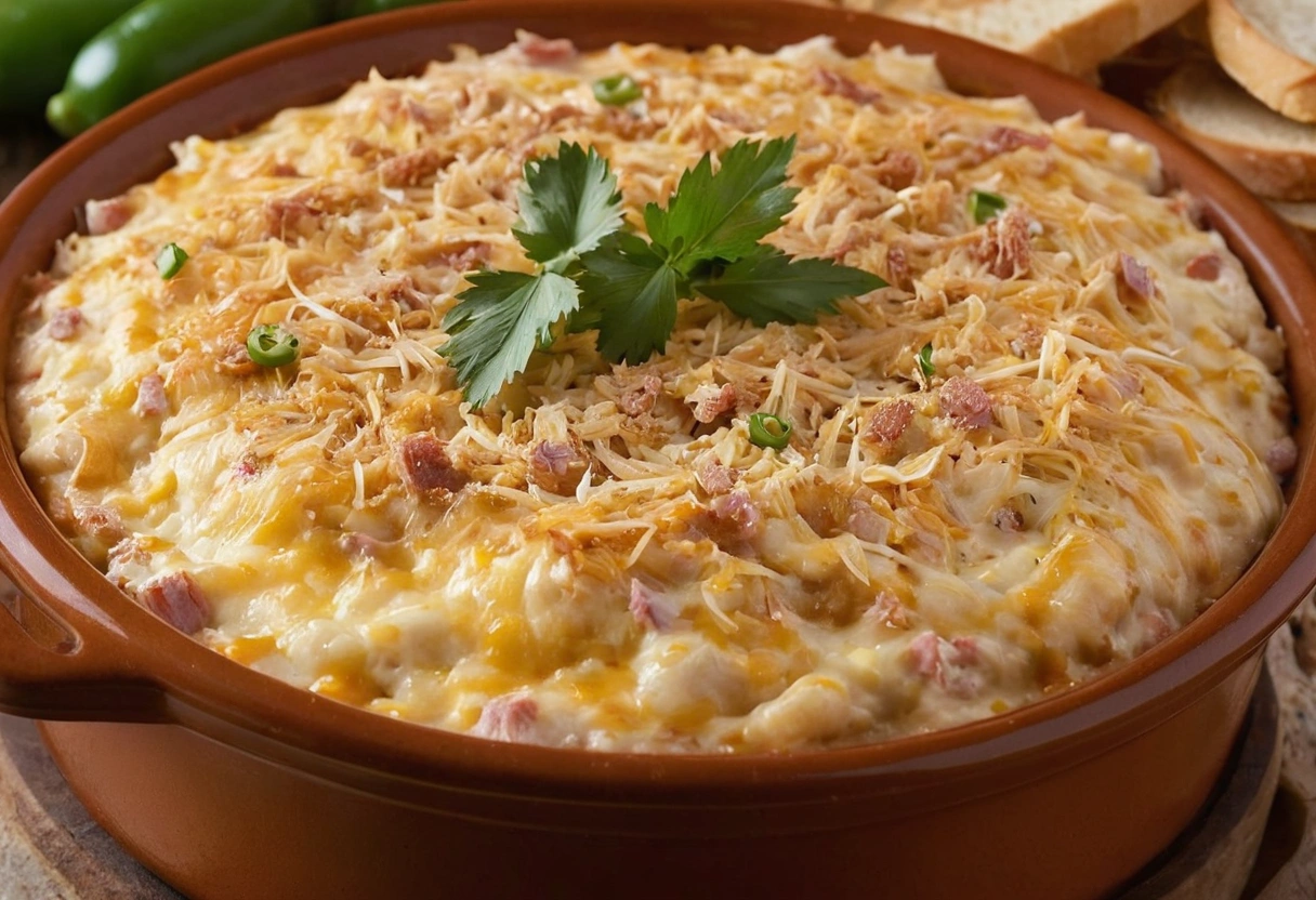 Cheesy Reuben dip in a crock pot with corned beef and sauerkraut