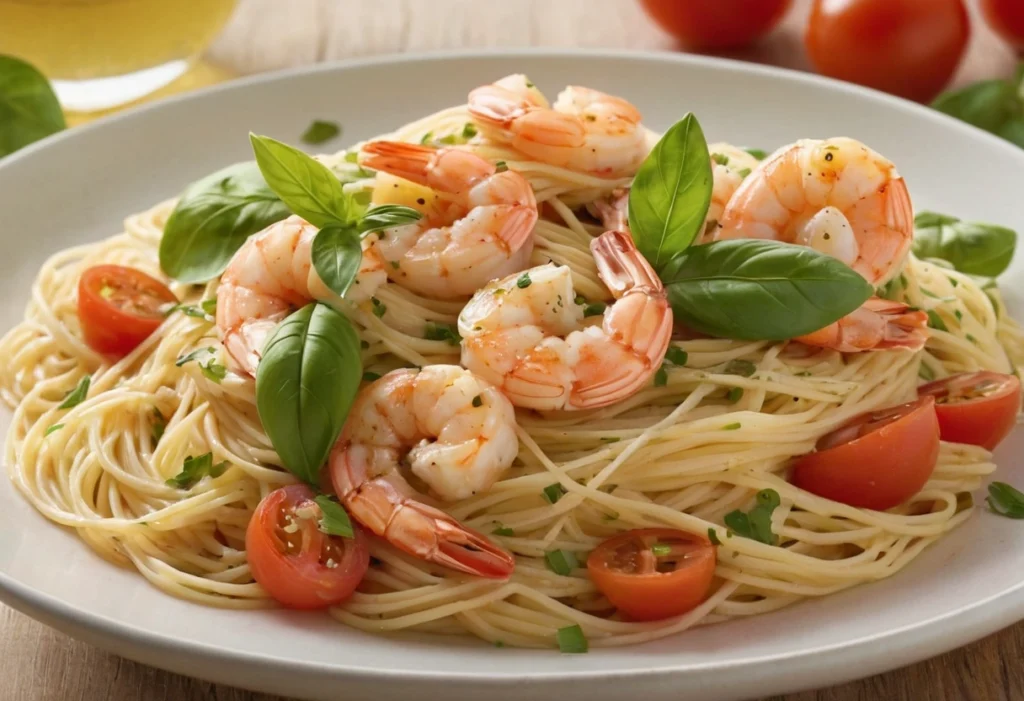 Cheesecake Factory Shrimp Scampi served on a white plate