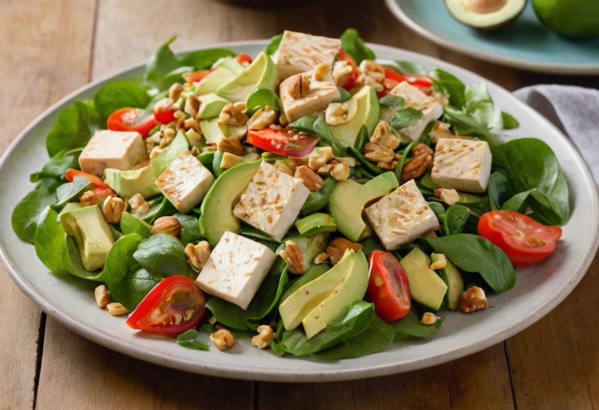 Fresh tofu salad with crispy tofu cubes and colorful vegetables