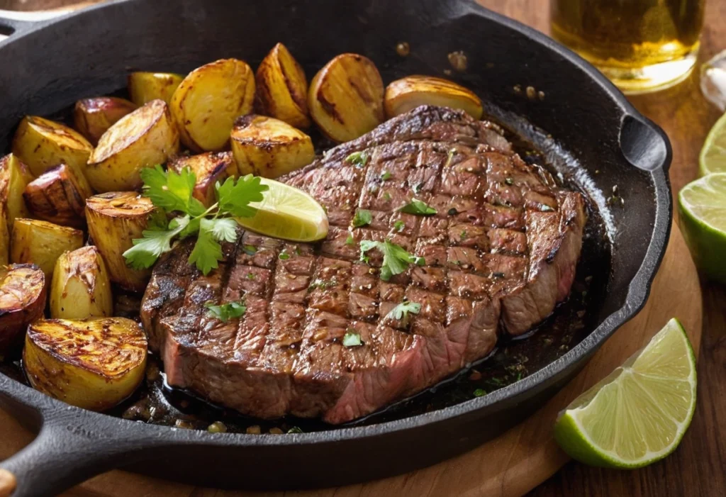 Grilled flap meat steak sliced against the grain with herbs and lime wedges