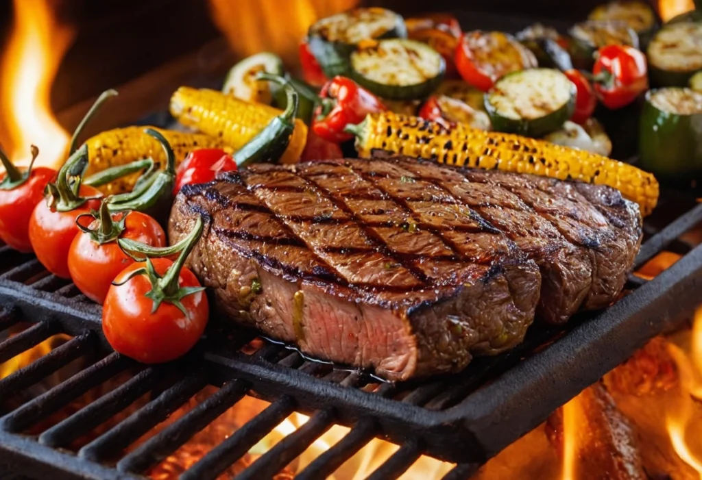 Grilled beef flap meat with a side of vegetables