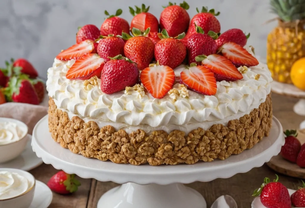 A slice of Mostachon cake topped with strawberries and cream cheese frosting