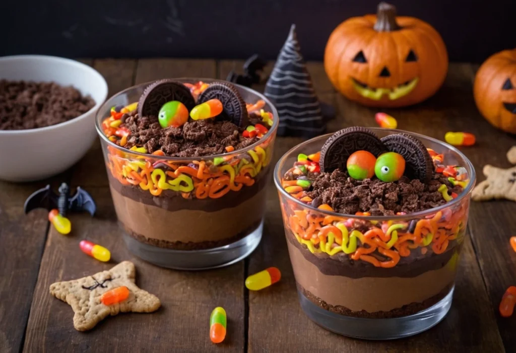 Halloween dirt cups with chocolate pudding, crushed cookies, and spooky decorations