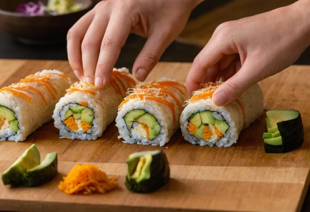 A sweet potato tempura roll with avocado and sesame seeds