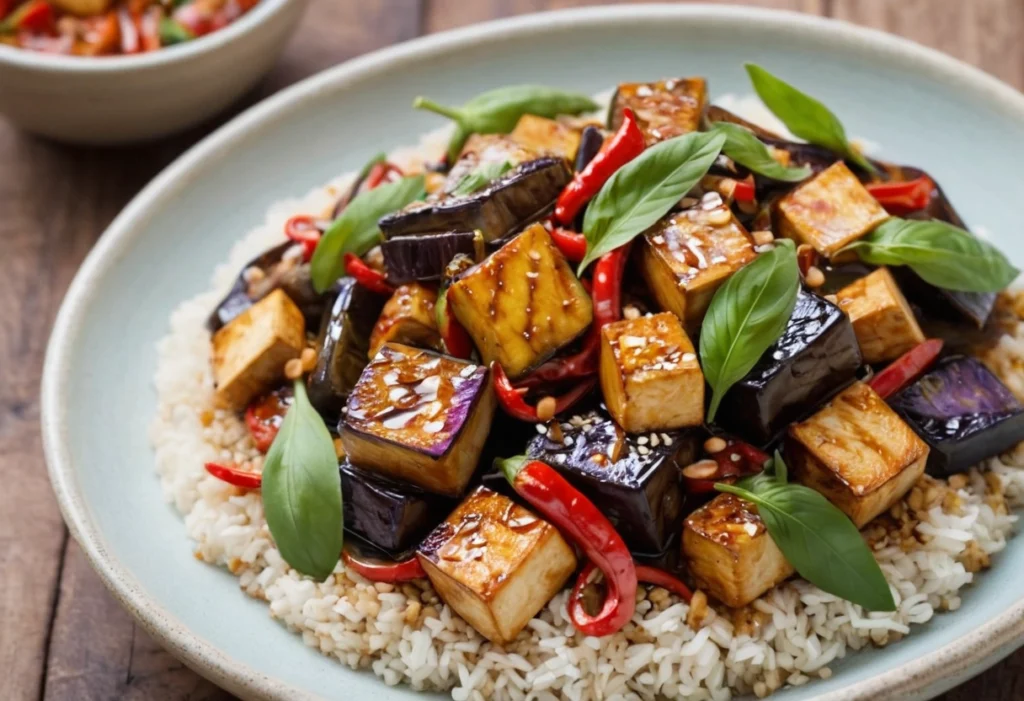 Tofu and aubergine stir-fry served on a plate with sesame seeds